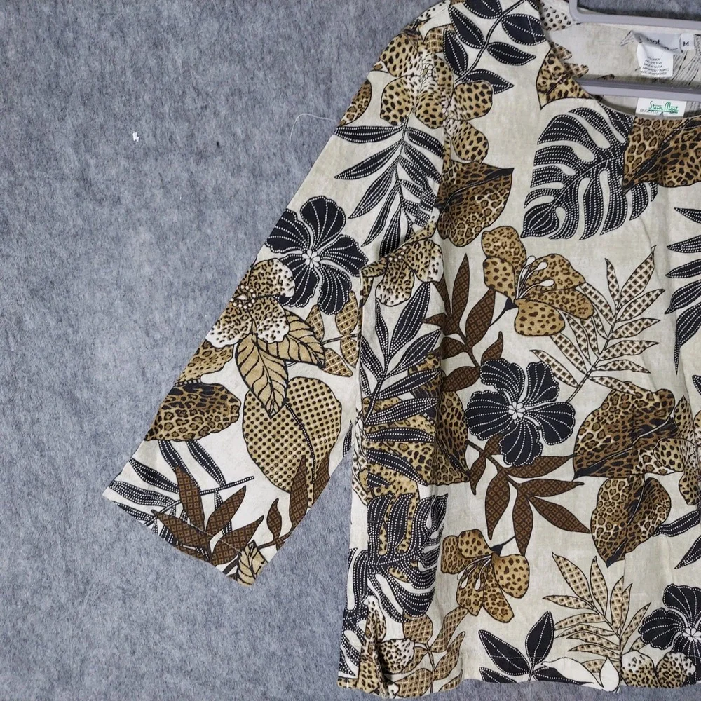 Hot Cotton Women Tunic M Tan Resort Safari Tropical Linen Floral Animal 3/4 Slve - Picture 2 of 7